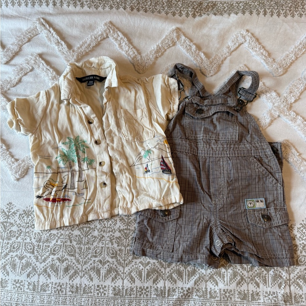 American Hawk Cream Button Shirt & Brown Plaid Overalls Set size 12 months